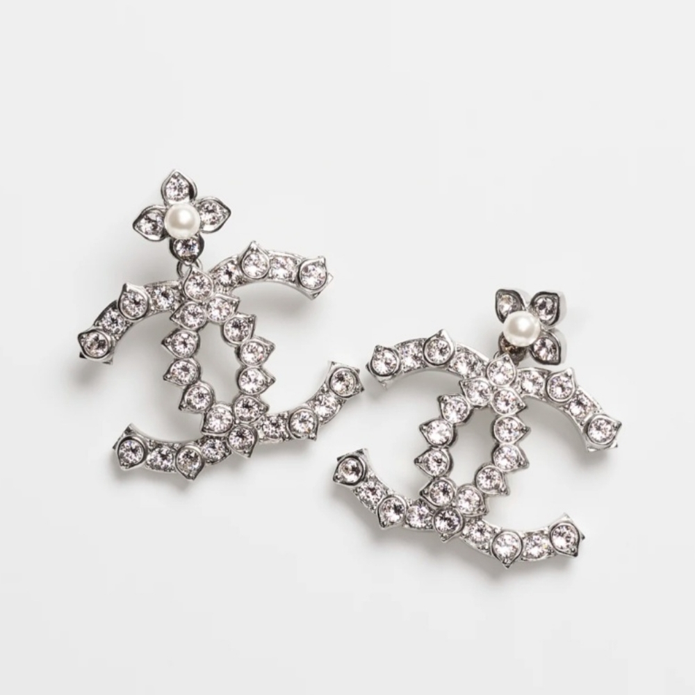 CHANEL XL 22P Silver, Pearly white  & Crystal CC Earrings- Brand New with tag